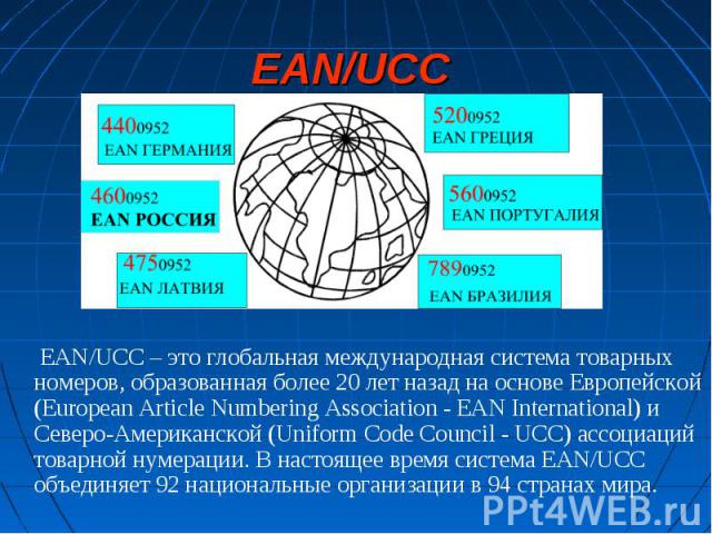 EAN/UCC EAN/UCC – это глобальная международная система товарных номеров, образованная более 20 лет назад на основе Европейской (European Article Numbering Association - EAN International) и Северо-Американской (Uniform Code Council - UCC) ассоциаций…