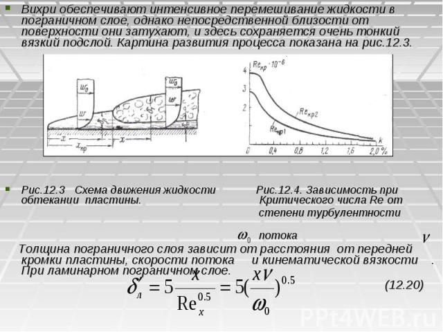 Вихри обеспечивают интенсивное перемешивание жидкости в пограничном слое, однако непосредственной близости от поверхности они затухают, и здесь сохраняется очень тонкий вязкий подслой. Картина развития процесса показана на рис.12.3. Вихри обеспечива…