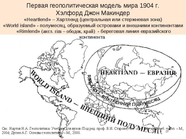 Первая геополитическая модель мира 1904 г. Хэлфорд Джон Макиндер «Heartlend» – Хартленд (центральная или стержневая зона) «World island» - полумесяц, образуемый островами и внешними континентами «Rimlend» (англ. rim – ободок, край) - береговая линия…