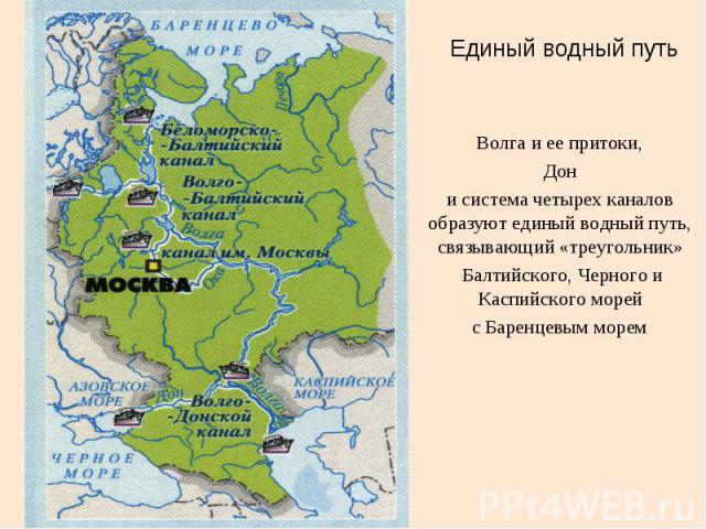 Единый водный путь Волга и ее притоки, Дон и система четырех каналов образуют единый водный путь, связывающий «треугольник» Балтийского, Черного и Каспийского морей с Баренцевым морем