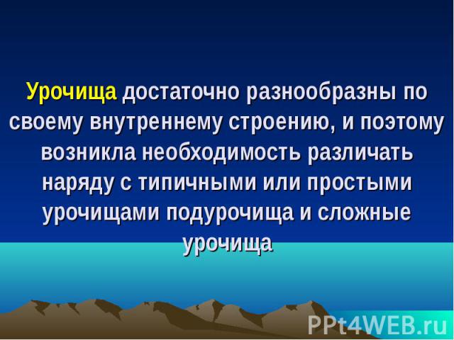 Урочища достаточно разнообразны по своему внутреннему строению, и поэтому возникла необходимость различать наряду с типичными или простыми урочищами подурочища и сложные урочища