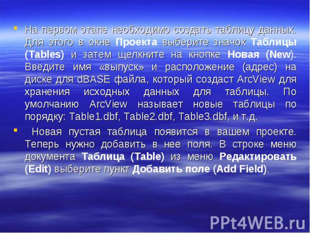 На первом этапе необходимо создать таблицу данных. Для этого в окне Проекта выберите значок Таблицы (Tables) и затем щелкните на кнопке Новая (New). Введите имя «выпуск» и расположение (адрес) на диске для dBASE файла, который создаст ArcView для хр…