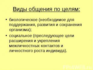 Виды общения по целям: биологическое (необходимое для поддержания, развития и со