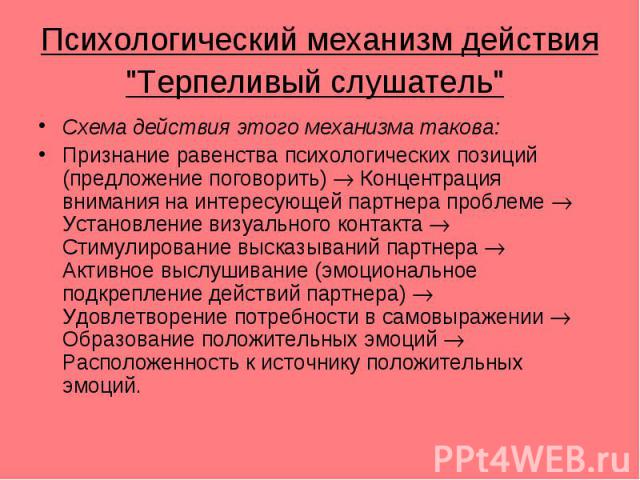 Психологический механизм действия "Терпеливый слушатель" Схема действия этого механизма такова: Признание равенства психологических позиций (предложение поговорить) Концентрация внимания на интересующей партнера проблеме Установление визуа…