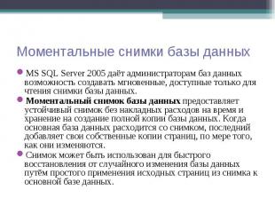 MS SQL Server 2005 даёт администраторам баз данных возможность создавать мгновен