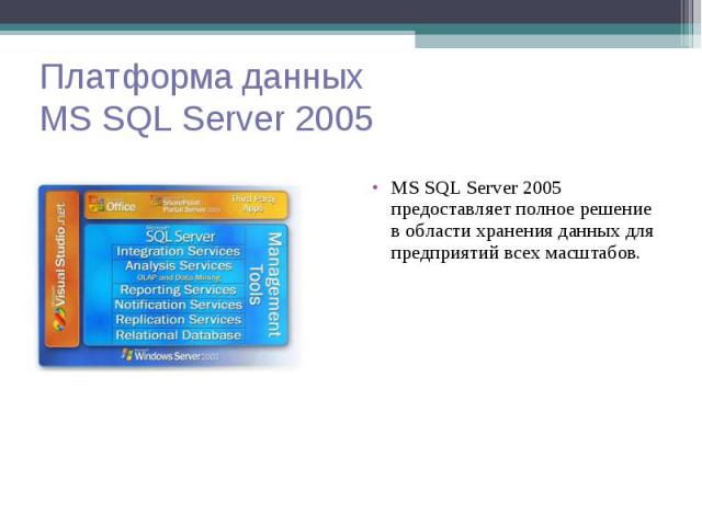 MS SQL Server 2005 предоставляет полное решение в области хранения данных для предприятий всех масштабов. MS SQL Server 2005 предоставляет полное решение в области хранения данных для предприятий всех масштабов.