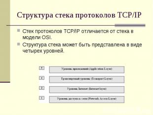 Структура стека протоколов TCP/IP Стек протоколов TCP/IP отличается от стека в м