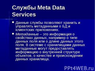 Службы Meta Data Services Данные службы позволяют хранить и управлять метаданным