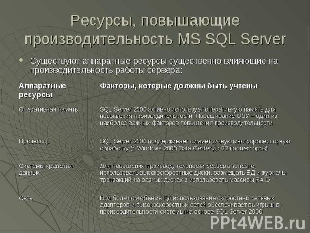 Ресурсы, повышающие производительность MS SQL Server Существуют аппаратные ресурсы существенно влияющие на производительность работы сервера: