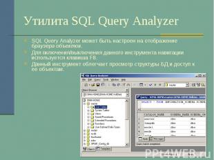 Утилита SQL Query Analyzer SQL Query Analyzer может быть настроен на отображение