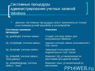 Системные процедуры администрирования учетных записей Windows Данные системные п