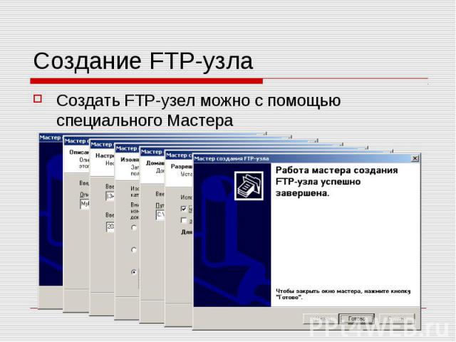 Создание FTP-узла Создать FTP-узел можно с помощью специального Мастера