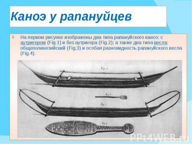Каноэ у рапануйцев На первом рисунке изображены два типа рапануйского каноэ: с аутригером (Fig.1) и без аутригера (Fig.2); а также два типа весла: общеполинезийский (Fig.3) и особая разновидность рапануйского весла (Fig.4).