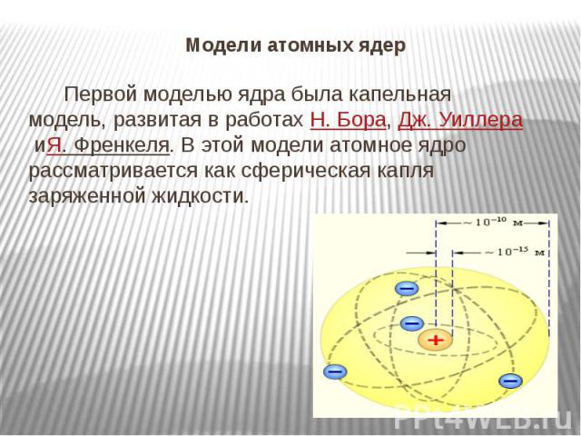 Модели атомных ядер   Первой моделью ядра была капельная модель, развитая в работах Н. Бора, Дж. Уиллера иЯ. Френкеля. В этой модели атомное ядро рассматривается как сферическая капля заряженной жидкости.