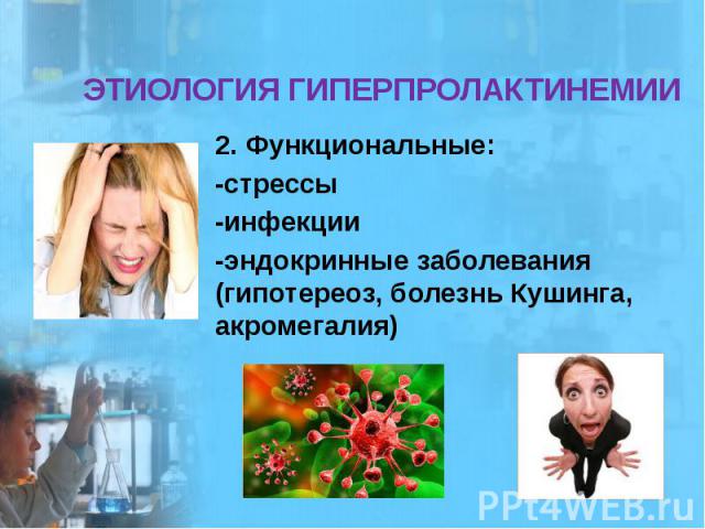 ЭТИОЛОГИЯ ГИПЕРПРОЛАКТИНЕМИИ 2. Функциональные: -стрессы -инфекции -эндокринные заболевания (гипотереоз, болезнь Кушинга, акромегалия)