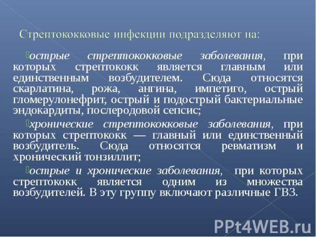 острые стрептококковые заболевания, при которых стрептококк является главным или единственным возбудителем. Сюда относятся скарлатина, рожа, ангина, импетиго, острый гломерулонефрит, острый и подострый бактериальные эндокардиты, послеродовой сепсис;…