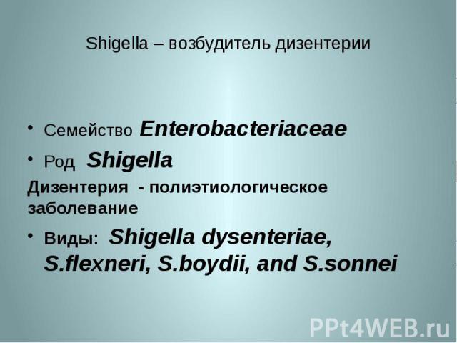 Shigella – возбудитель дизентерии Семейство Enterobacteriaceae Род Shigella Дизентерия - полиэтиологическое заболевание Виды: Shigella dysenteriae, S.flexneri, S.boydii, and S.sonnei
