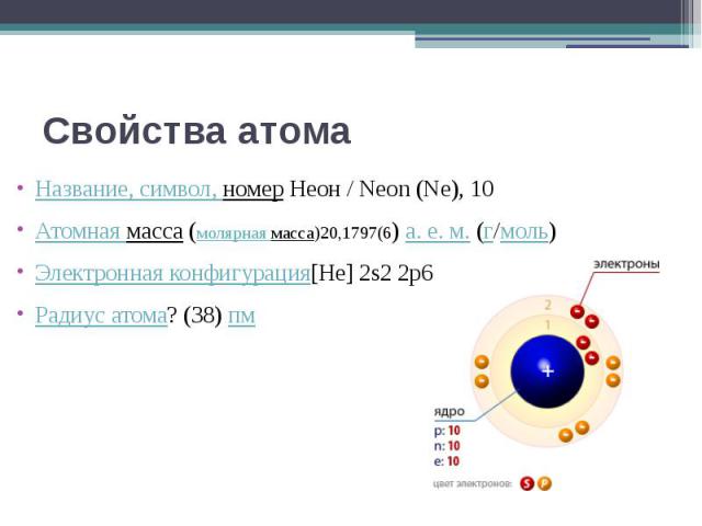 Свойства атома Название, символ, номер Неон / Neon (Ne), 10 Атомная масса (молярная масса)20,1797(6) а. е. м. (г/моль) Электронная конфигурация[He] 2s2 2p6 Радиус атома? (38) пм