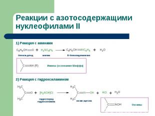 1) Реакция с аминами 1) Реакция с аминами 2) Реакция с гидроксиламином