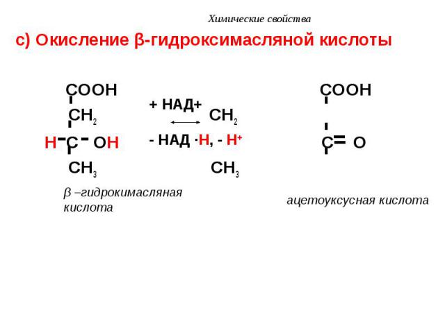 с) Окисление β-гидроксимасляной кислоты с) Окисление β-гидроксимасляной кислоты COOH COOH CH2 CH2 H C OH C O CH3 CH3