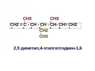 СН3 СН3 СН2 = С - СН - СН - СН- СН= СН2 СН2 СН3 2,5 диметил,4-этилгептадиен-1,6