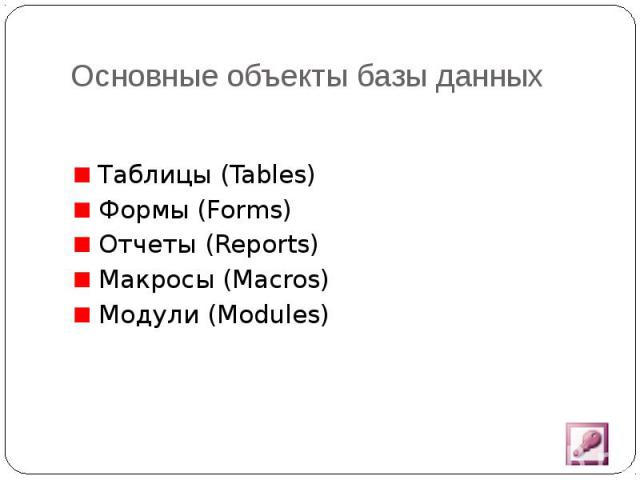 Основные объекты базы данных Таблицы (Tables) Формы (Forms) Отчеты (Reports) Макросы (Macros) Модули (Modules)