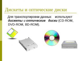 Для транспортировки данных используют дискеты и оптические диски (CD-ROM, DVD-RO