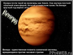 Венера почти такой же величины как Земля. Она окутана плотной облачной атмосферо