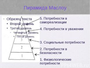 Пирамида Маслоу 5. Потребности в самореализации 4. Потребности в уважении 3. Соц