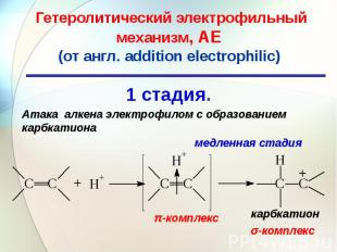 Гетеролитический электрофильный механизм, АE (от англ. addition electrophilic) 1