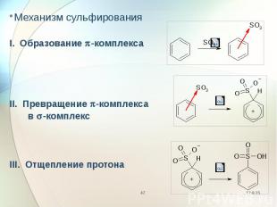 Механизм сульфирования Механизм сульфирования I. Образование p-комплекса II. Пре