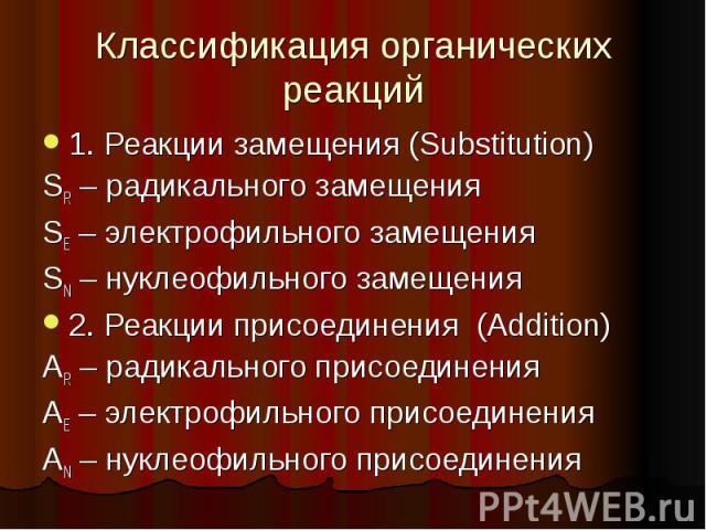 Классификация органических реакций 1. Реакции замещения (Substitution) SR – радикального замещения SЕ – электрофильного замещения SN – нуклеофильного замещения 2. Реакции присоединения (Addition) АR – радикального присоединения АЕ – электрофильного …