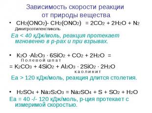 Зависимость скорости реакции от природы вещества CH2(ONO2)- CH2(ONO2) = 2CO2 + 2