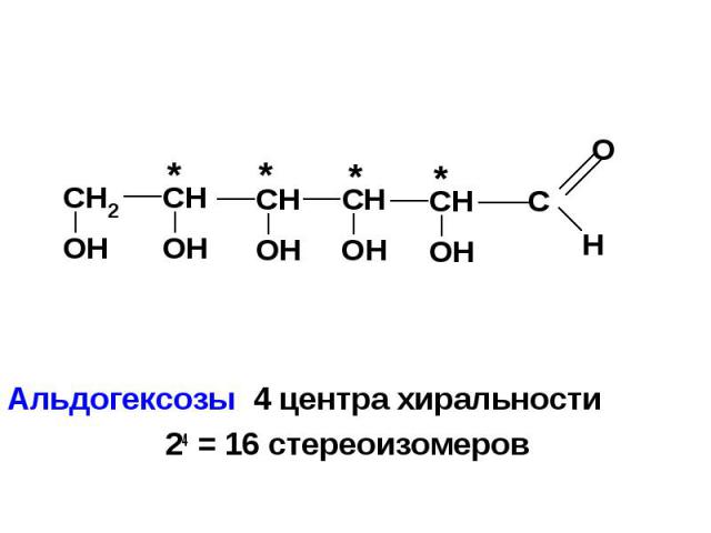 Альдогексозы 4 центра хиральности 24 = 16 стереоизомеров