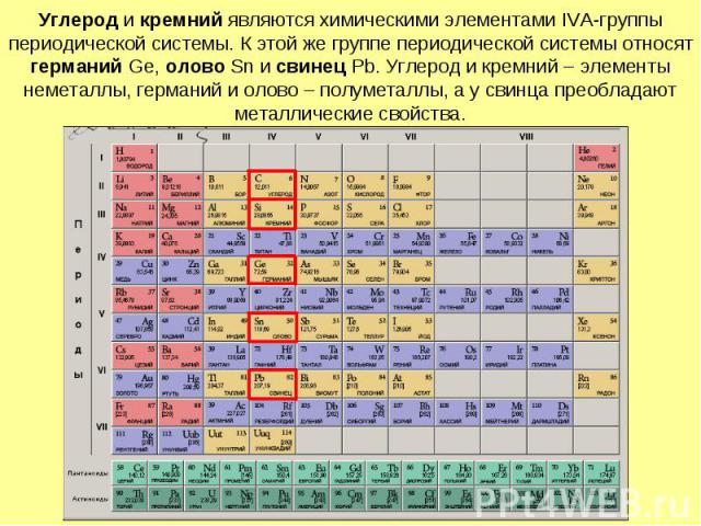Углерод и кремний являются химическими элементами IVA-группы периодической системы. К этой же группе периодической системы относят германий Ge, олово Sn и свинец Pb. Углерод и кремний – элементы неметаллы, германий и олово – полуметаллы, а у свинца …