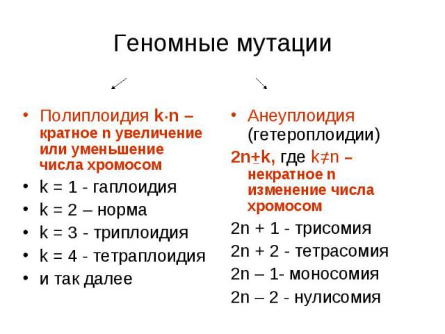 Геномные мутации Полиплоидия k n – кратное n увеличение или уменьшение числа хромосом k = 1 - гаплоидия k = 2 – норма k = 3 - триплоидия k = 4 - тетраплоидия и так далее