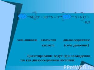 + NH3 Cl¯ + HO N = O N ≡ N Cl¯+ +H2O соль анилина азотистая диазосоединение кисл