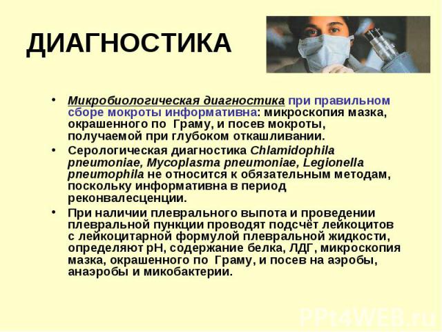 Микробиологическая диагностика при правильном сборе мокроты информативна: микроскопия мазка, окрашенного по Граму, и посев мокроты, получаемой при глубоком откашливании. Микробиологическая диагностика при правильном сборе мокроты информативна: микро…