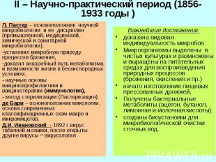 II – Научно-практический период (1856-1933 годы ) Л. Пастер – основоположник нау