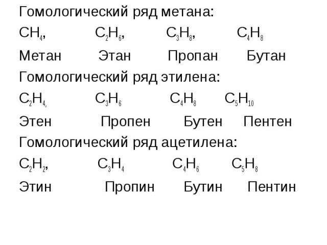 Гомологический ряд метана: Гомологический ряд метана: СН4, С2Н6, С3Н8, С4Н8 Метан Этан Пропан Бутан Гомологический ряд этилена: С2Н4, С3Н6 С4Н8 С5Н10 Этен Пропен Бутен Пентен Гомологический ряд ацетилена: С2Н2, С3Н4 С4Н6 С5Н8 Этин Пропин Бутин Пентин