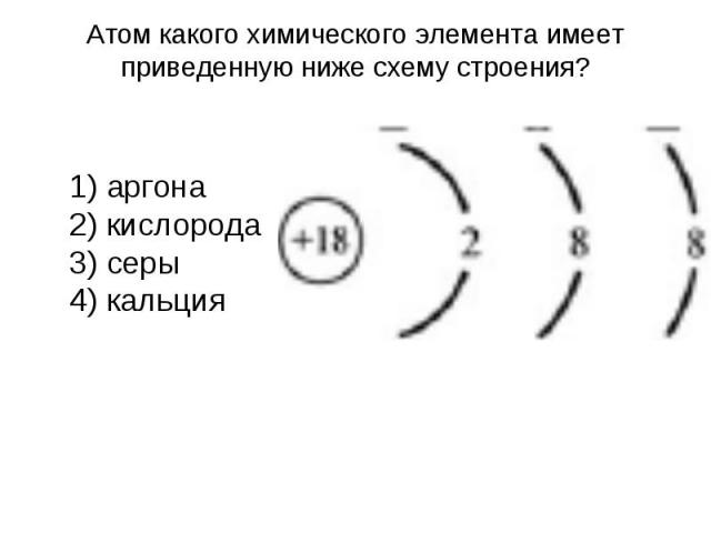 Атом какого химического элемента имеет приведенную ниже схему строения? 1) аргона 2) кислорода 3) серы 4) кальция