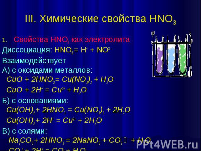III. Химические свойства HNO3 Свойства HNO3 как электролита Диссоциация: HNO3 = H+ + NO3 - Взаимодействует А) с оксидами металлов: CuO + 2HNO3 = Cu(NO3)2 + H2O CuO + 2H+ = Cu2+ + H2O Б) с основаниями: Cu(OH)2 + 2HNO3 = Cu(NO3)2 + 2H2O Cu(OH)2 + 2H+ …
