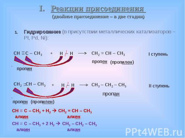 Гидрирование (в присутствии металлических катализаторов – Pt, Pd, Ni): Гидрирование (в присутствии металлических катализаторов – Pt, Pd, Ni):