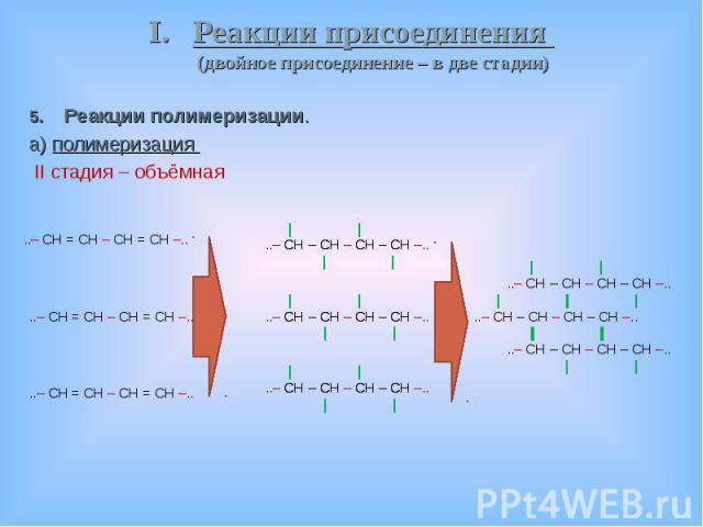 Реакции полимеризации. Реакции полимеризации. а) полимеризация II стадия – объёмная  