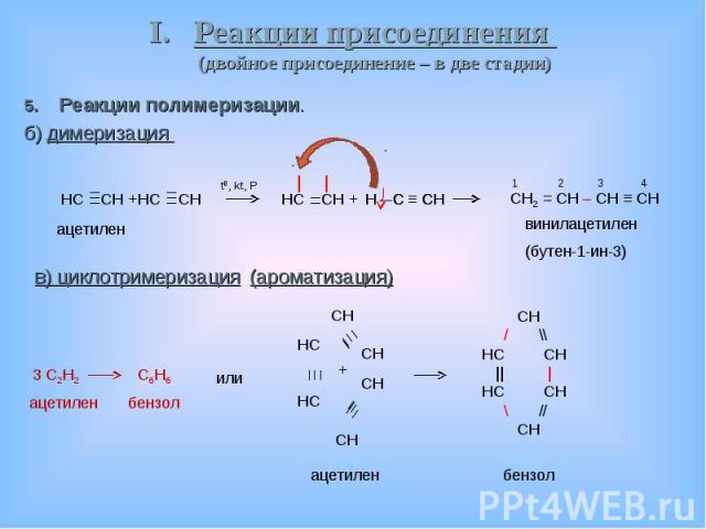 Реакции полимеризации. Реакции полимеризации. б) димеризация  