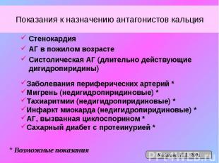 Показания к назначению антагонистов кальция Стенокардия АГ в пожилом возрасте Си