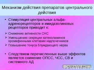 Механизм действия препаратов центрального действия Стимуляция центральных альфа-