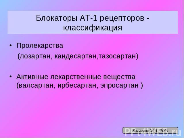 Блокаторы АТ-1 рецепторов - классификация Пролекарства (лозартан, кандесартан,тазосартан) Активные лекарственные вещества (валсартан, ирбесартан, эпросартан )