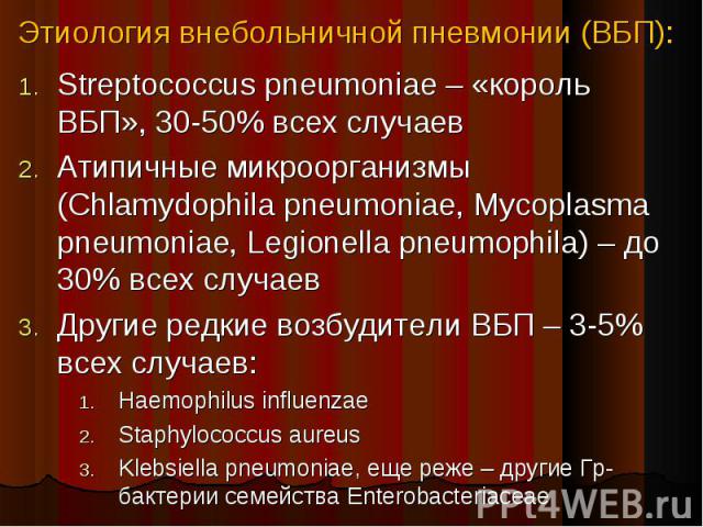 Streptococcus pneumoniae – «король ВБП», 30-50% всех случаев Streptococcus pneumoniae – «король ВБП», 30-50% всех случаев Атипичные микроорганизмы (Chlamydophila pneumoniae, Mycoplasma pneumoniae, Legionella pneumophila) – до 30% всех случаев Другие…
