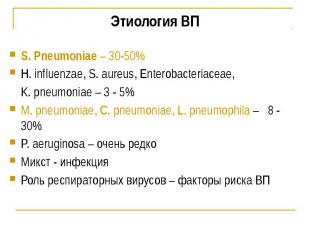 Этиология ВП S. Pneumoniae – 30-50% H. influenzae, S. aureus, Enterobacteriaceae